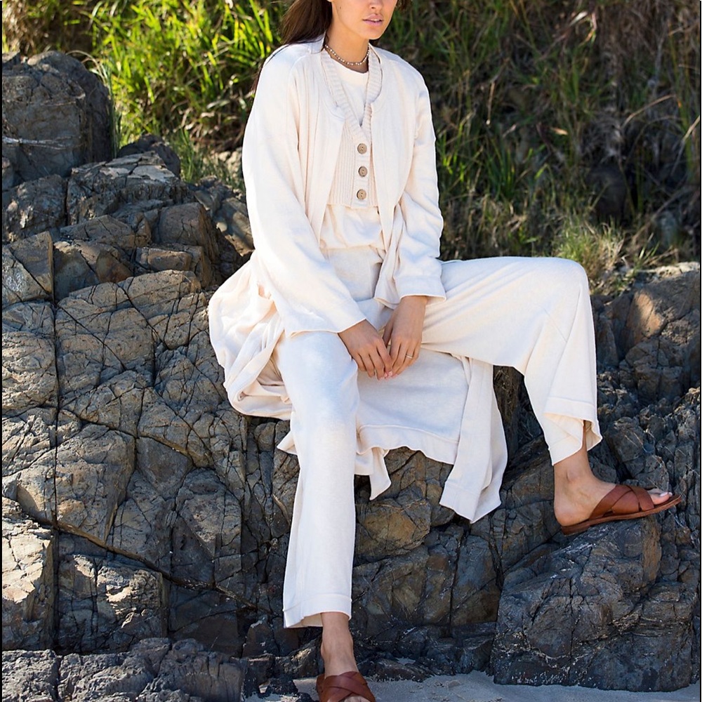 FP BEACH Ivory 3pc Lounge Set Longline Cardigan, L/S Top & Wide Leg Pants Sm